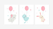 Cute posters with little rabbit, elephant, and cat vector prints for baby room, baby shower, greeting card, kids and baby t-shirts, and wear. Hand drawn nursery