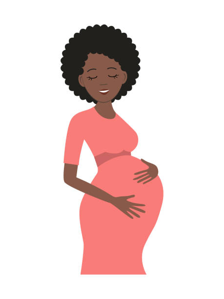 Cute pregnant woman in pink dress Cute pregnant woman in pink dress isolated on a white background. A smiling black woman holds her hands on her stomach. Vector illustration in cartoon style pregnant clipart stock illustrations