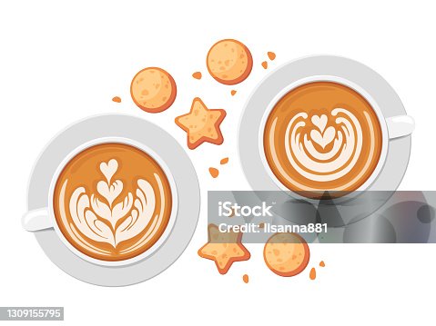 istock Cute pre-made greeting card of cappuccino cups and cookies. Valentine day concept. Cartoon vector illustration. Flat design. Top view. 1309155795