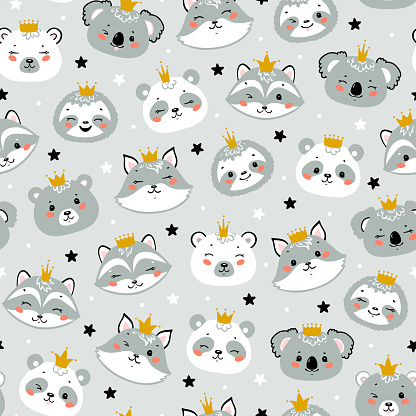 Cute Princess Animals Heads Vector Seamless Pattern. Cartoon Kawaii Wild Animal Faces with Crown Childish Vector Background for Kids Fashion Design
