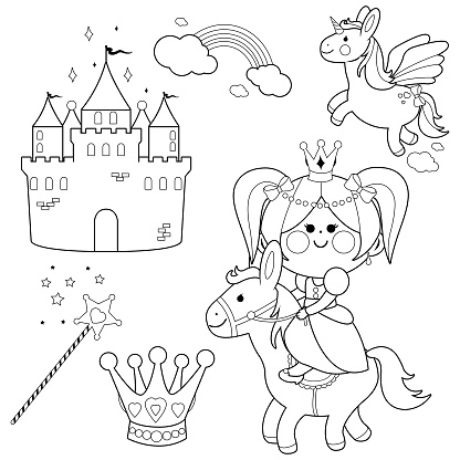 Cute princess fairy tale collection. Vector black and white coloring page