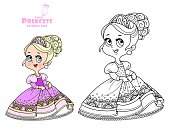 Cute princess in a pink dress outlined and color for coloring book