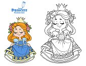 Cute princess in blue dress curtsy outlined and color for coloring book