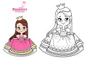 Cute princess in lush dress outlined and color for coloring book