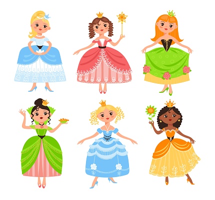 Cute princesses. Funny girls in lush beautiful dresses, young beauties, little queens with crowns, kids fabulous characters, fairy tale adorable children vector cartoon flat isolated set