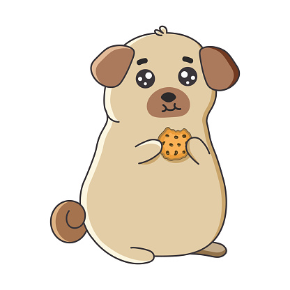 Cute pug eating a cookie in cartoon style. Vector illustration isolated on white background. Print for t-shirts, stickers,  design and more.