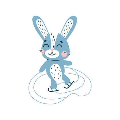 Cute rabbit ice skating. Winter symbol of 2023 year. New year mascot. vetor flat animal character, isolated on white background