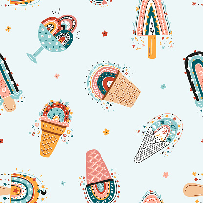 Cute Rainbow Ice Cream. Seamless Vector Pattern for Kids with Cartoon Colorful Ice-Cream Rainbows in Waffle Cups and Cones, Popsicle. Perfect Childish Background for Birthday Party, Baby Fashion.