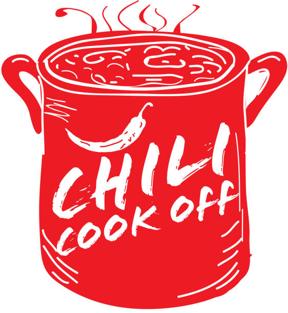 Cute red Chili pot cookoff event   icon design Vector illustration of a red hand drawn Chili Cookoff logo or icon design template. Red, Black and white. Includes red, black and white color themes with large crock pot with chilis. White background Perfect for white background design for picnic invitation design template, summer barbecue event, picnic celebration, backyard bbq, private or corporate party, birthday party, fun family event gathering, potluck supper. cooking competition stock illustrations