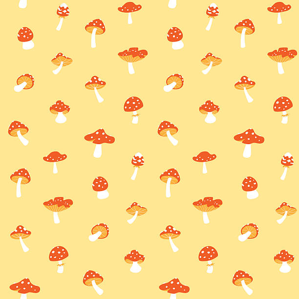 Cute red mushroom pattern yellow vector art illustration
