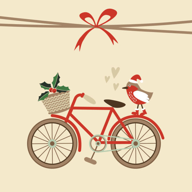 Cute retro christmas card with bicycle, bird with santa hat Cute retro christmas card, invitation with hand drawn bicycle and bird with santa hat, flat design, vector illustration background cycling borders stock illustrations