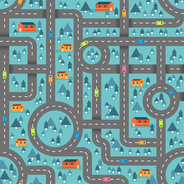 Cute road map in winter blue pattern for children inspired in the countryside landscape Cute road map in winter blue pattern for children inspired in the countryside landscape. Vector seamless pattern design for textile, fashion, paper, packaging, wrapping and branding car patterns stock illustrations