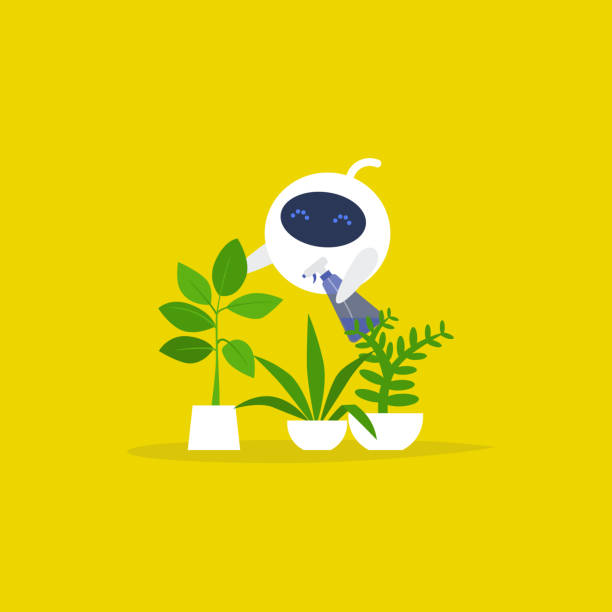 Cute robot watering the plants. Gardening. Flat editable vector illustration, clip art Cute robot watering the plants. Gardening. Flat editable vector illustration, clip art gardening clipart stock illustrations