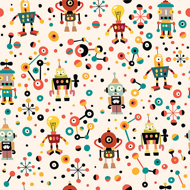 cute robots seamless pattern pattern illustration of cute robots drawn in retro style robot designs stock illustrations