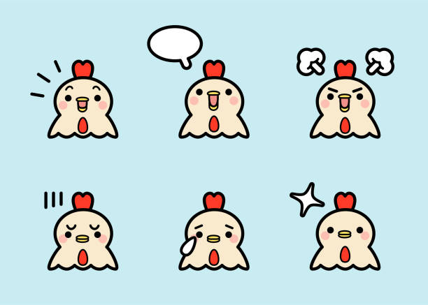 Cute rooster icon set with six facial expressions in color pastel tones vector art illustration