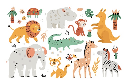 Cute safari elements. Funny exotic animals, plants and leaves, kids jungle characters, trees and palms, childish africaine savannah fauna, ?hildish vector cartoon isolated set