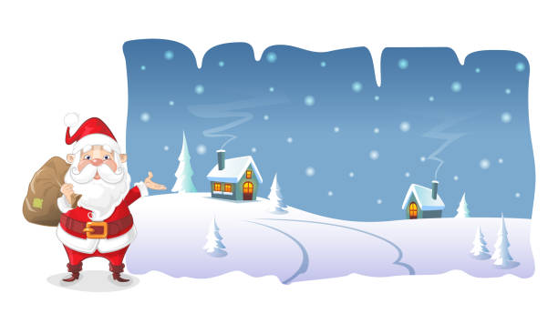 ilustraciones, imágenes clip art, dibujos animados e iconos de stock de lindo santa claus show noche de invierno en el pueblo - christmas lights house
