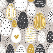 Cute Scandinavian Easter Eggs collection seamless pattern background with hand drawn textures and elements in neutral colors for your decoration