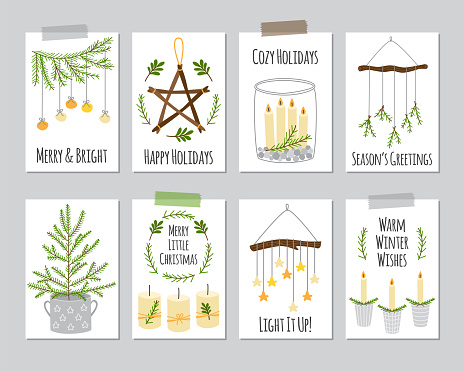 Cute Scandinavian set of vintage Christmas and New Year cards with decorative elements as wooden star, Christmas tree, candles, mason jars and etc