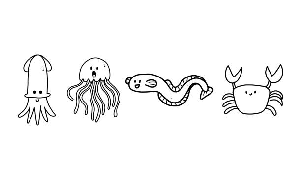 귀여운 해산물 세트. 오징어, 해파리, 장어, 게. - 전기뱀장어 stock illustrations
