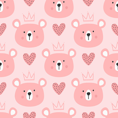 Cute seamless pattern for children. Repeated heads of bears with crowns and hearts. Drawn by hand.