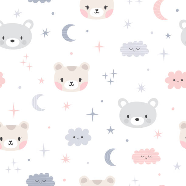 Cute seamless pattern for kids with cartoon little bears. Children background with moon, stars and clouds. Lovely animals Cute seamless pattern for kids with cartoon little bears. Children background with moon, stars and clouds. Lovely animals. Vector illustration nn girls stock illustrations