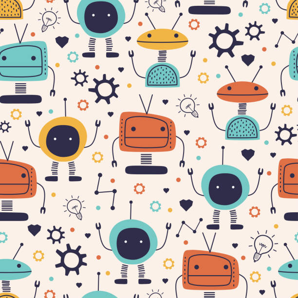 Cute seamless pattern with childish robot funny drawing. Vector hand drawn cartoon funny character monster cyborg for kids and baby fashion textile nursery theme ready for print. Cute seamless pattern with childish robot funny drawing. Vector hand drawn cartoon funny character monster cyborg for kids and baby fashion textile nursery theme ready for print. robot patterns stock illustrations