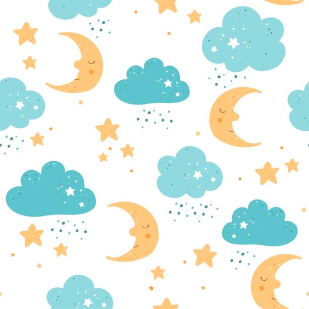 bildbanksillustrationer, clip art samt tecknat material och ikoner med söt sömlöst mönster med månar, stjärnor och moln. sömlöst mönster med himmelsföremål. klippbok utskrivbart papper. skandinavisk konst. - cloud heart star, abstract