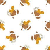 Cute seamless pattern with funny forest animals badger, hedgehog, mouse, squirrel and flower elements