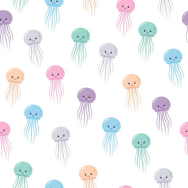 illustrazioni stock, clip art, cartoni animati e icone di tendenza di carino motivo marino senza cuciture con meduse di colore sorridente cartone animato. kawaii - meduza