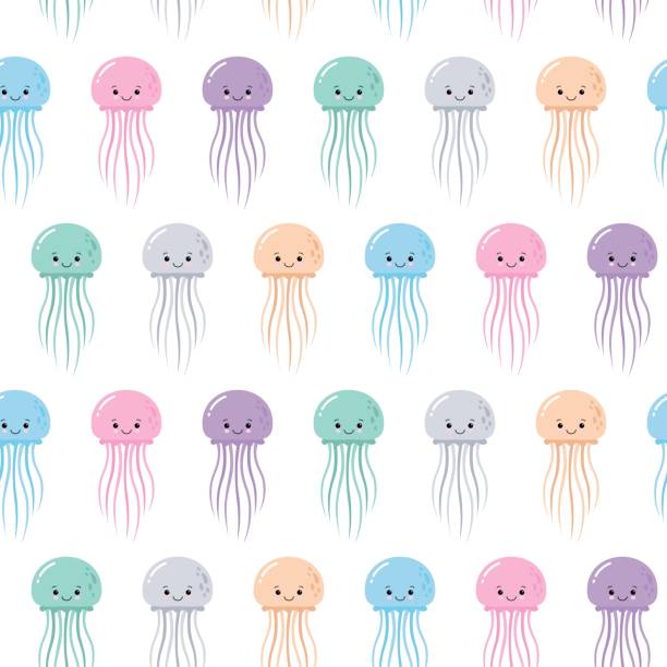 illustrazioni stock, clip art, cartoni animati e icone di tendenza di carino motivo marino senza cuciture con meduse di colore sorridente cartone animato. kawaii - meduza