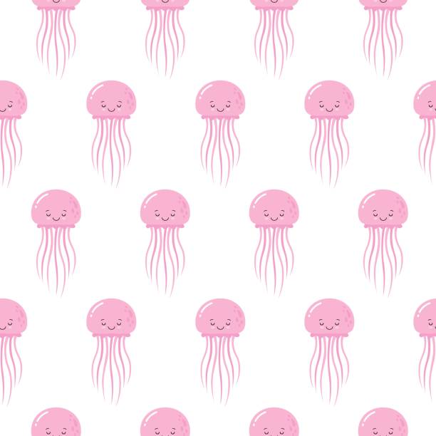 illustrazioni stock, clip art, cartoni animati e icone di tendenza di carino motivo marino senza cuciture con cartoni animati sorridenti meduse rosa. kawaii - meduza