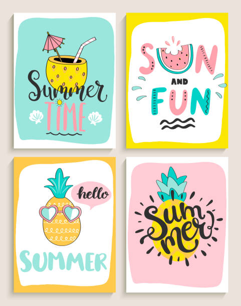 Cute set of 4 bright summer cards with cocktail,sun and fun,pineapple,watermelon. Cute set of 4 bright summer cards with cocktail,sun and fun,pineapple,watermelon and handdrawn lettering and other fun elements. Perfect for summertime posters,banners,gift,print. Vector illustration. smoothie backgrounds stock illustrations
