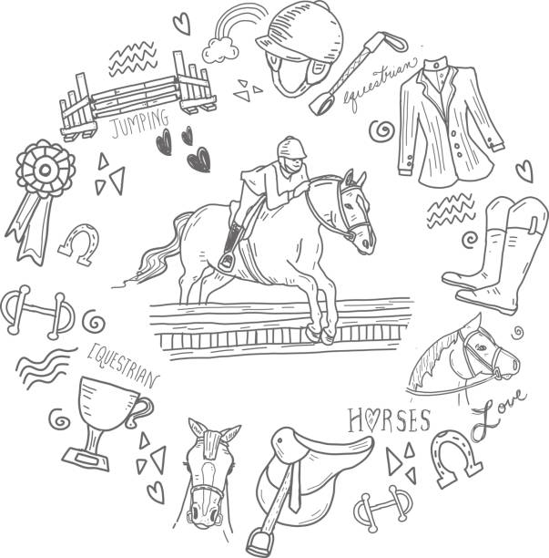 stockillustraties, clipart, cartoons en iconen met leuke set hand getrokken paardensport horse rider elementen - jumping