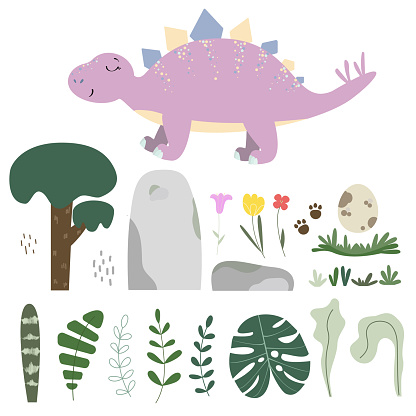 Cute set of pink stegosaurus, tree, tropical leaves, stones, dino's egg, flowers and footprints. Vector illustration. Isolated on white background.