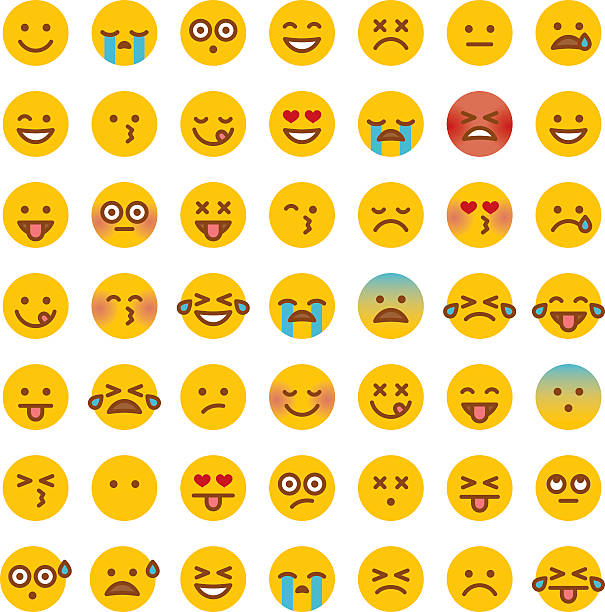 Cute Set of Simple Emojis A simple set of 49 different emoji faces. Emotions include happy, sad, surprised, hungry, dead, upset, angry, ambivalent, in love, and so on. stick out tongue emoji stock illustrations