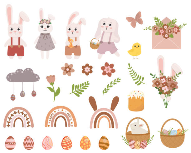 Cute set with Easter elements. Perfect for holiday decoration and spring greeting cards. Cute set with Easter elements. Perfect for holiday decoration and spring greeting cards. easter sunday stock illustrations