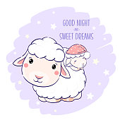 Cute sheep and sleeping lamb. Inscription Good night and sweet dreams. Cartoon sheep - mom and baby. Can be used for childish t-shirt prints, nursery poster, baby shower card. Vector EPS8