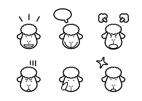Cute sheep icon set with six facial expressions in black and white