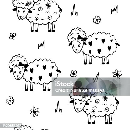 istock Cute sheep seamless pattern in doogle style 1420853012