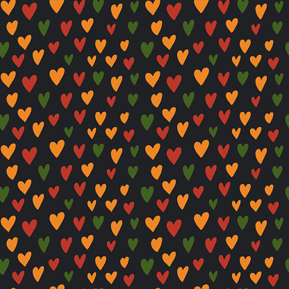 Cute simple Kwanzaa, Black History Month, Juneteenth seamless pattern with hand drawn hearts in traditional African colors -  red, green, yellow on black backdrop. Sweet vector background. Fabric, print, wrapping paper, texture, surface.