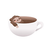 Cute sloth relaxing in cup of coffee - big mug with hot invigorating drink and funny sleeping lazy animal isolated on white background. Vector illustration of adorable sleepy flat cartoon character.