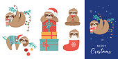 Cute sloths, funny Christmas illustrations with Santa Claus costumes, hat and scarfs, greeting cards set - stock vector banner