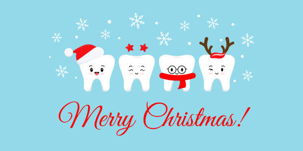 Cute smile teeth with xmas accessories on Merry Christmas dentist greeting card. Cute smile teeth with xmas accessories on Merry Christmas dentist greeting card. White winter teeth emoji in santa hat with deer horns photo props. Flat design cartoon style vector illustration. dentist stock illustrations