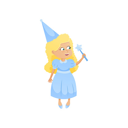 Cute smiling blonde girl in fairy blue costume with magic stick