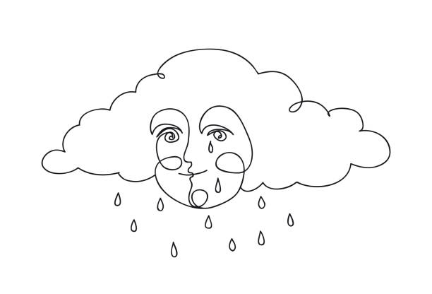 Cute smiling cloud with rain droplets. Weather concept Cute smiling cloud with rain droplets. Weather concept rain drawings stock illustrations