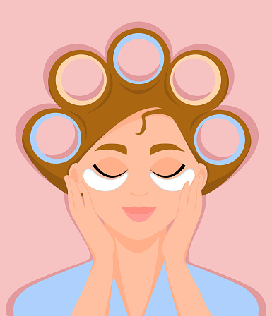 Cute smiling girl with curlers in hair with cosmetic patches under the eyes. Moisturizing the skin around the eyes, morning routine. Home daily facial skin care. Vector illustration.