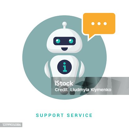 istock A cute smiling robot talking to a chat bot. Vector linear illustration icon. Robot assistant 1319905086