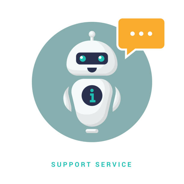 A cute smiling robot talking to a chat bot. Vector linear illustration icon. Robot assistant A cute smiling robot talking to a chat bot. Vector linear illustration icon. Robot assistant. Vector illustration. EPS 10. chatbot stock illustrations