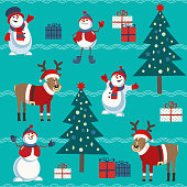 Cute snowman, reindeer, Christmas tree vector seamless pattern. Holiday fun cartoon fun. Merry Christmas winter season decorative wallpaper. New Year banner design, print cover background illustration